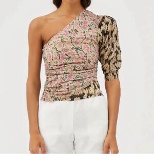 MARIA CHER VILLAFRANCA LIA ONE SHOULDER METALLIC THREAD SMOCKED COTTON TOP M